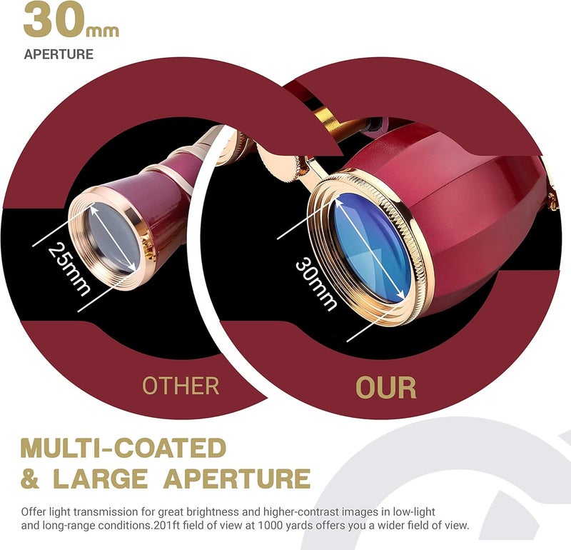 ESSLNB Opera Glasses Binoculars for Women Adults 4X30mm Theater Glasses Compact Binoculars for Theater and Concerts Antique with Case Removable Chain (Red) - Image 2